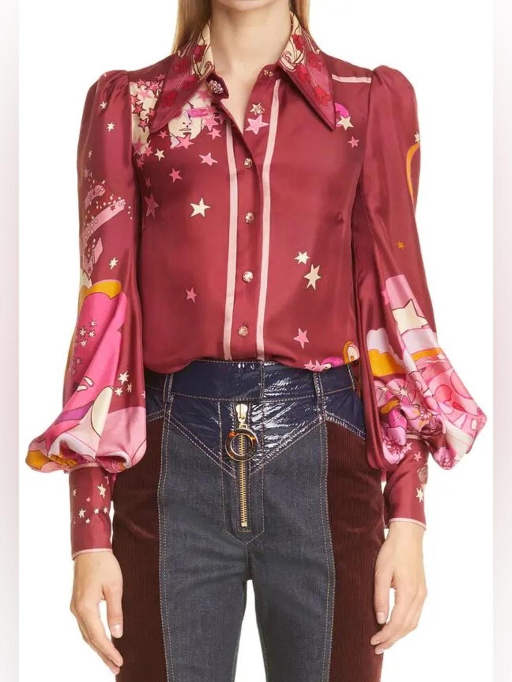 Zimmermann Burgundy Pink Star-Print Silk Blouse